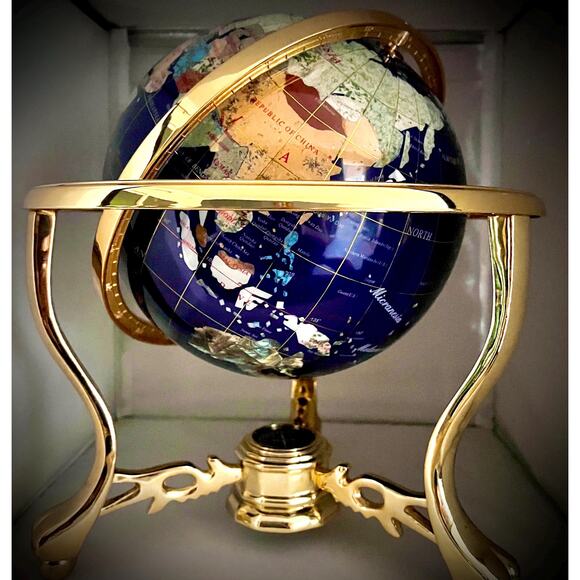 Other - Gemstone Inlay Globe w/ Compass Base, 14” Tall – Gold-Tone Stand